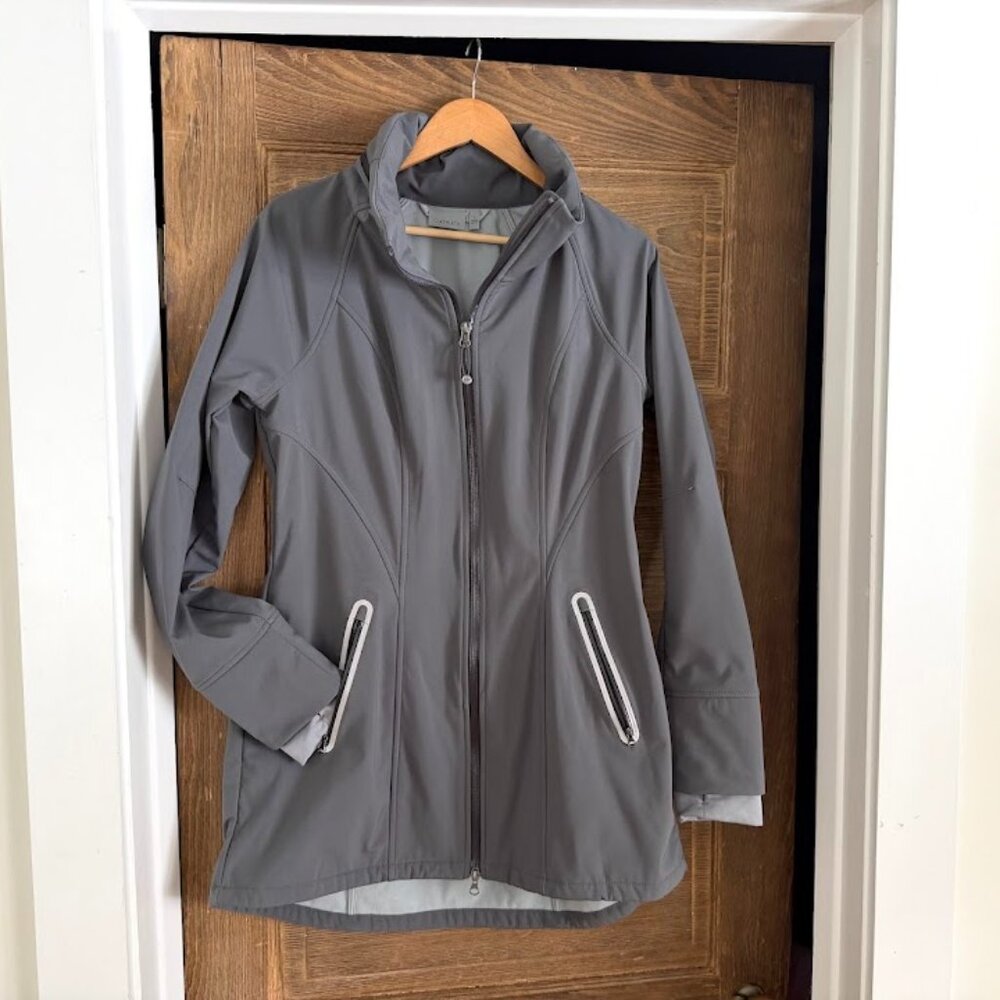 Athleta Bainbridge Trench Softshell Jacket Water Resistant Reflective Gray Large